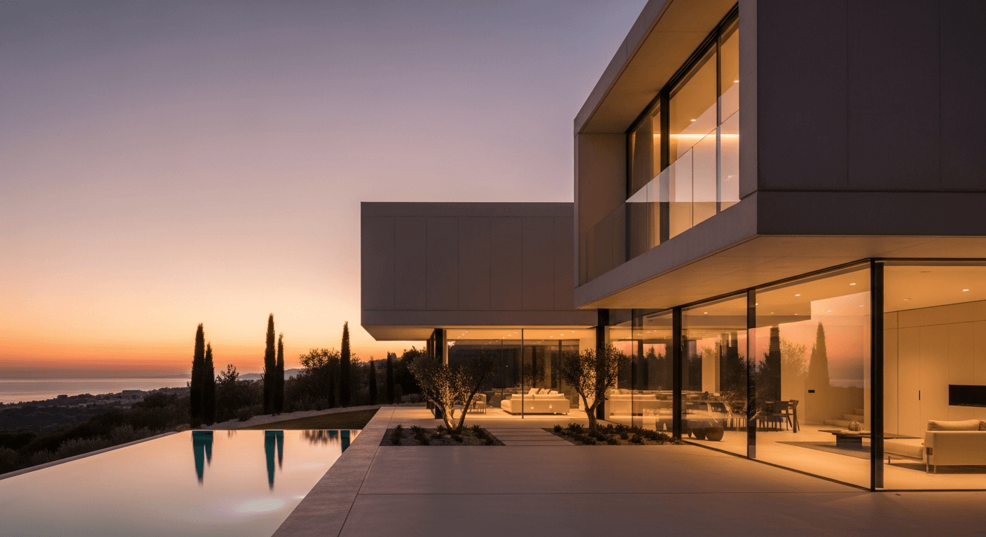 Villa am Abend, warm erleuchtete Fenster